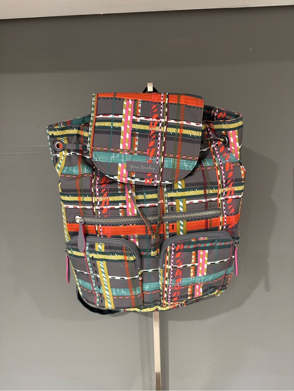 Vera Bradley Gray Plaid Backpack with Red, Teal, Yellow & Pink Accents